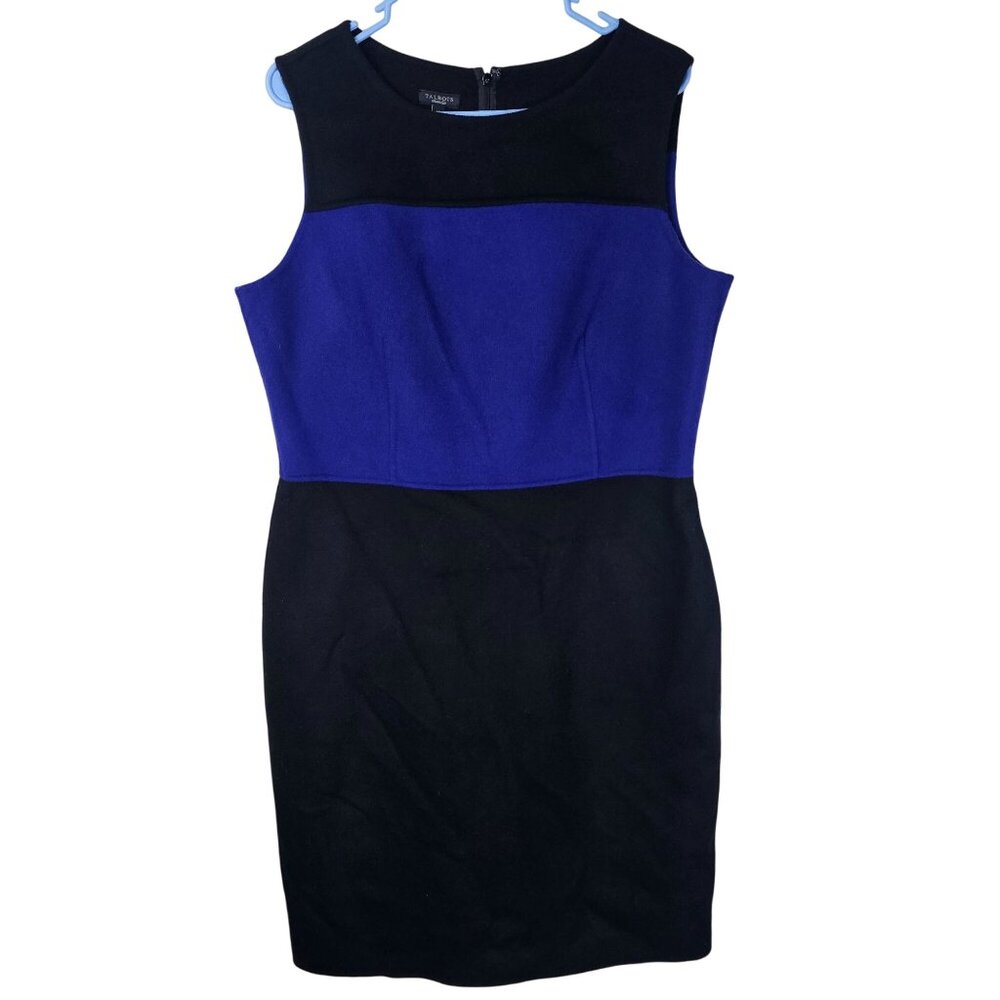 Talbots Wool Sleeveless Sheath Dress 14 Colorblock Black & Royal Blue Office NWT